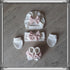 White turban set with pink bow + mittens + headband + matching slippers. choice of warm or thin fabric
